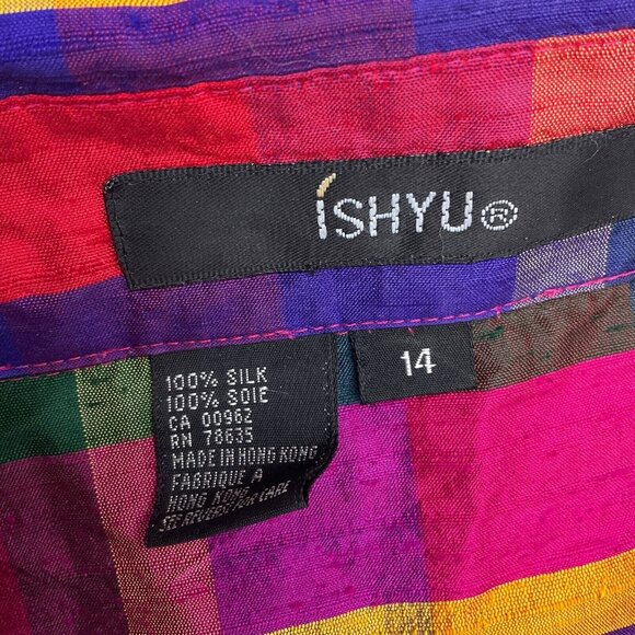 Ishyu Blouse Women‎ 14 Pink Blue Red Madras Plaid Gold Buttons Party Hong Kong - Picture 3 of 11